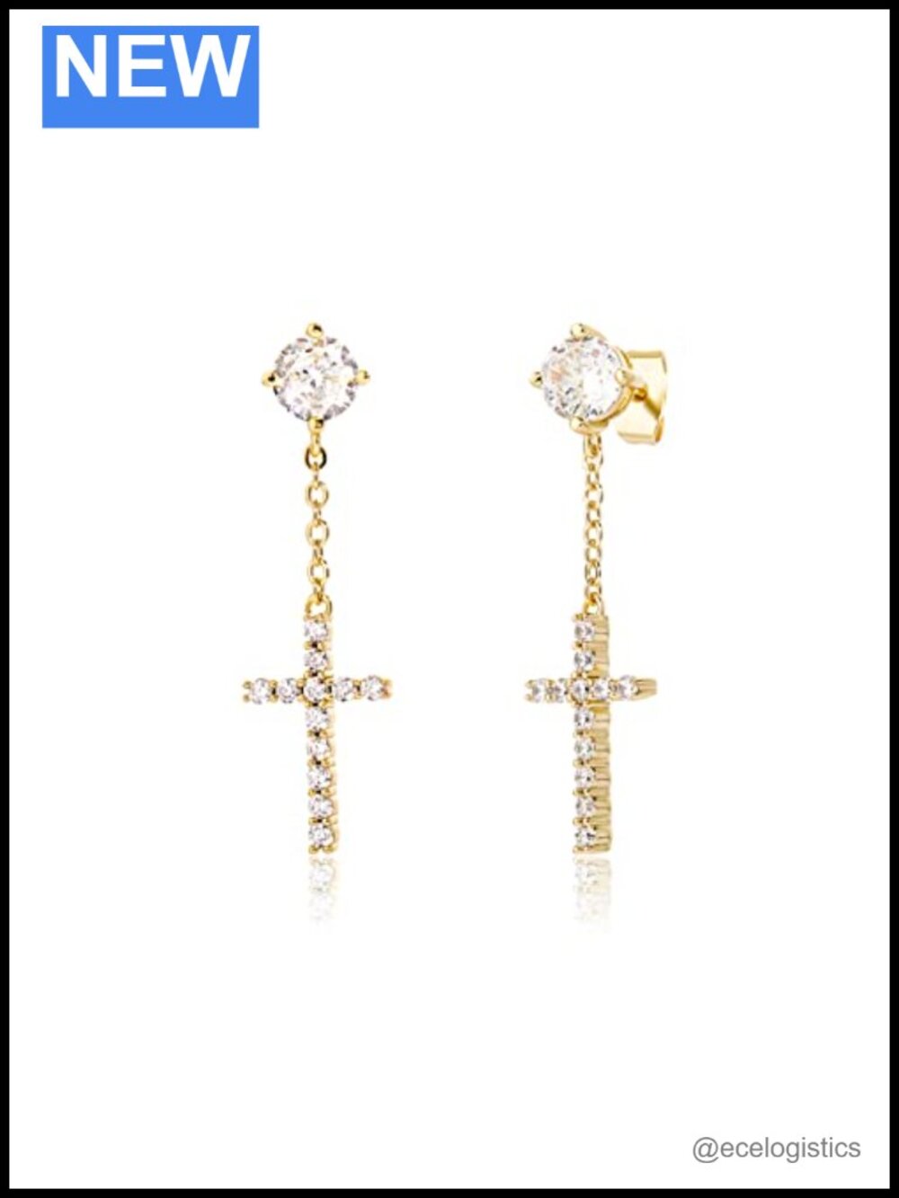 14K Gold Moissanite Cross Earrings, Chain Cross Earrings